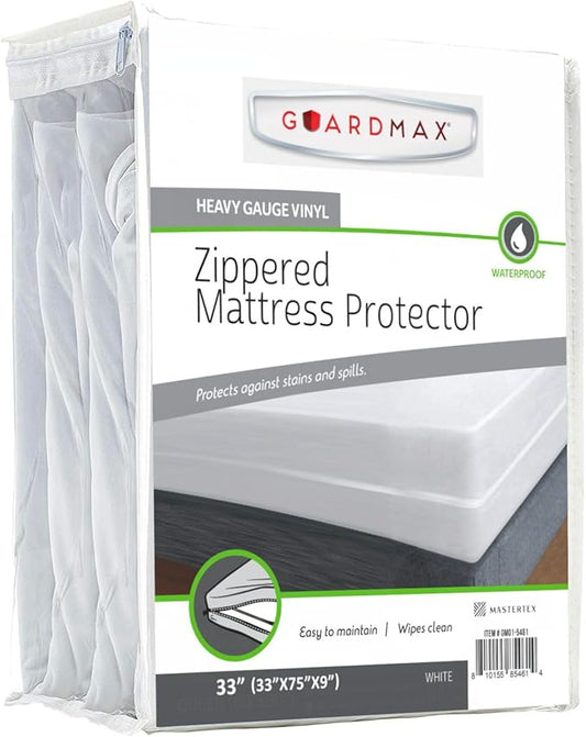 Guardmax Heavy Duty Vinyl 33 Inch Cot Zippered Mattress Encasement - Waterproof & Breathable Mattress Protector - Comfortable, Soft, and Noiseless Zippered Bedding - Dust Mite Proof (33 x 75 x 9)