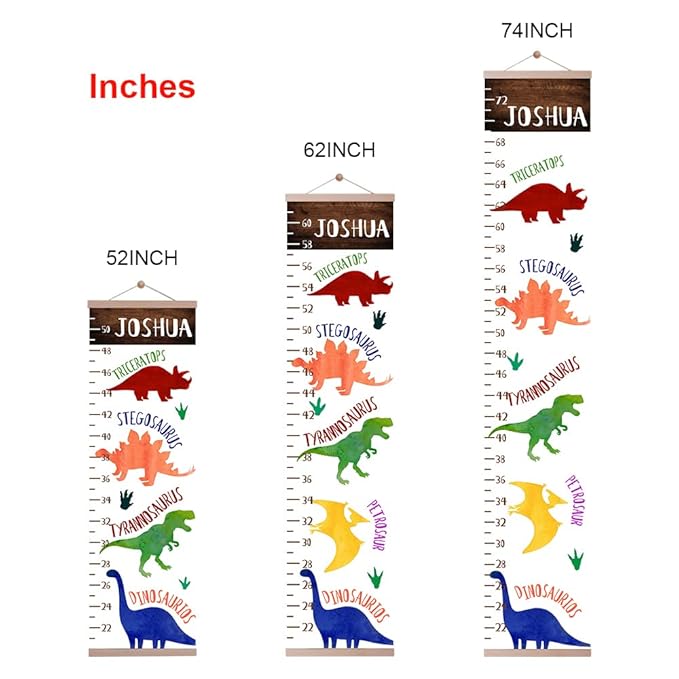 Personalized Name Kids Growth Chart Ruler Flower Dinosaur Growth Ruler Canvas Wall Ruler Oak Solar Woodland Theme Kids Height Chart Baby Wall Growth Chart with Custom Name (Dinosaur)