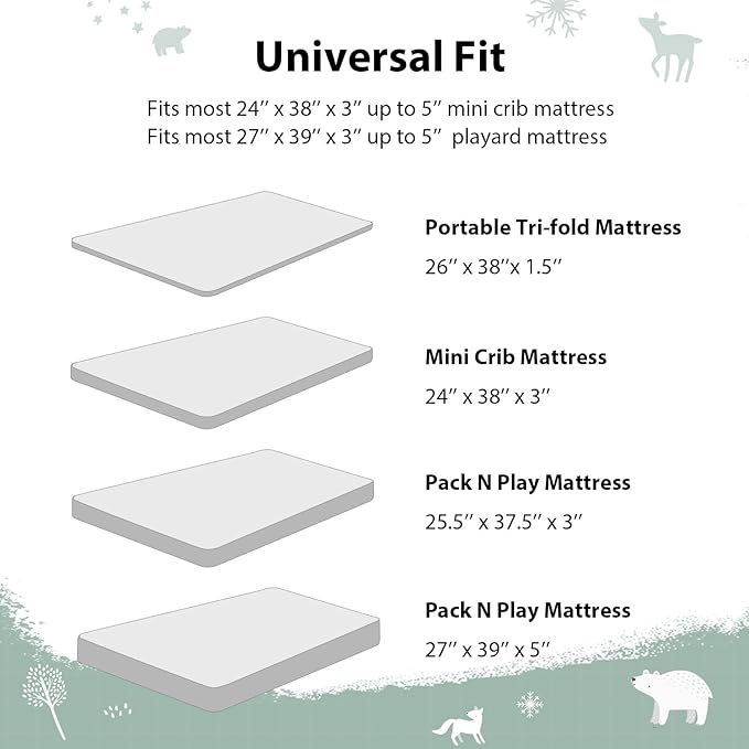 Baby Mini Crib Sheets Boy, Portable 38”x26” Pack and Play Sheets Fitted for Playard and Pack N Play Mattress, 3-Pack Soft Microfiber Green Forest Bear