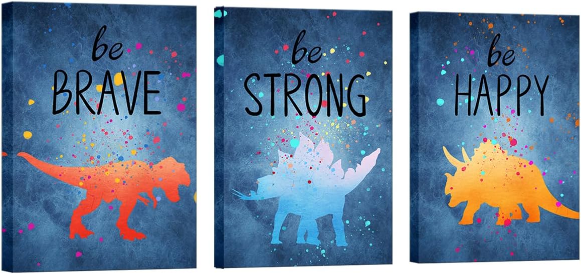 Apicoture Navy Blue Dinosaur Kids Room Wall Decor Brave Happy Cartoon Quotes Dinosaur Paintings Canvas Wall Art Pictures For Childrens Bedroom Framed, 12"X16"X3 Panels (Blue)