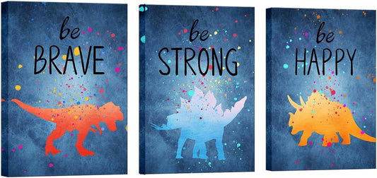 Apicoture Navy Blue Dinosaur Kids Room Wall Decor Brave Happy Cartoon Quotes Dinosaur Paintings Canvas Wall Art Pictures For Childrens Bedroom Framed, 12"X16"X3 Panels (Blue)