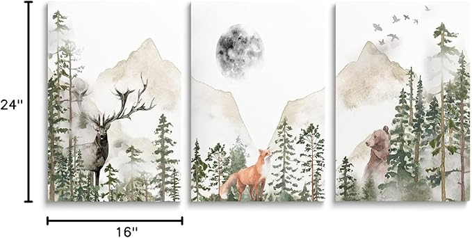 Nursery Wall Decor Wild Woodland Animals Art Poster Foggy Forest Wall Art Adventure Nursery Decor Mountain Wall Art Beige Green Prints for Boy's Room Girl's Room Toddler, Framed Canvas Set 3, 16"x24"