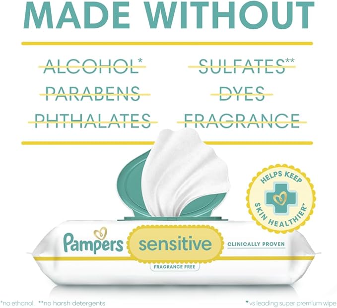 Pampers Baby Wipes Sensitive, Water Based Wipes, Hypoallergenic and Unscented Wipes, 192 Wipes Total (3 Refill Packs)