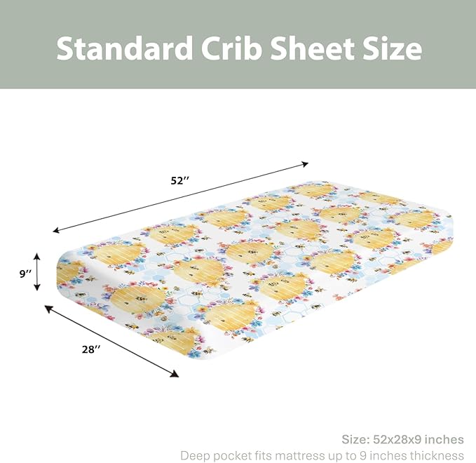 Bee Harmony Baby Crib Sheets for Boy Girl 52"x28" Yellow Bees Honeycomb Flowers Garden Soft Stretchy Fitted Crib Mattress Cover Spring Summer Baby Sheet for Standard Crib & Toddler Bed Mattress