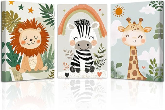 LZIMU Nursery Animal Canvas Wall Art 3 Pieces Cute Animal Baby Picture Prints Woodland Nursery Painting for Kids Boy Girls Room Decor Framed (Beige, 11x14inchx3 Pieces)