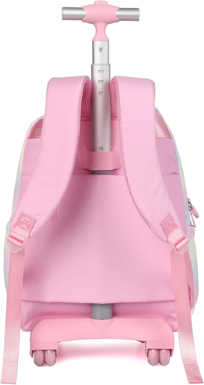 kingdisen Rolling Backpack with Wheels School Trolley Laptop Bag with Lunch Box 3pc Set for women (PU PINK)