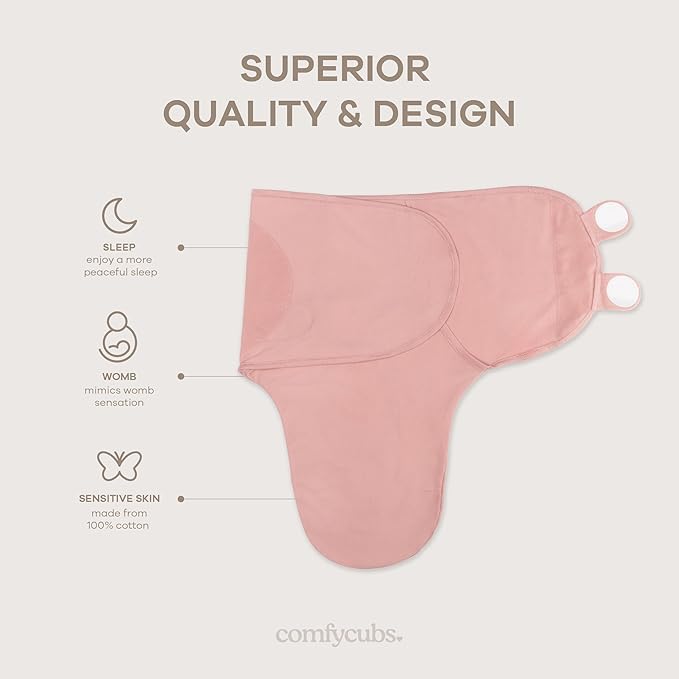 Comfy Cubs Easy Swaddle Blanket, 3 Pack - 100% Cotton Newborn Wrap, Large for 3-6 Months Infants, with Adjustable Velcro, Breathable and Durable Sleep Sack for Babies - Blush, Mauve & Mulberry