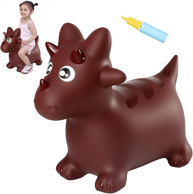 INPANY Bouncy Horse, Dinosaur Hopper Toys, Toddler Bouncing Animal, Dinosaur Party Decorations, Inflatable Ride on Rubber Triceratops Bouncer, Outdoor Cool Birthday Gift for 2 3 4 Yr Boy Girl Maroon