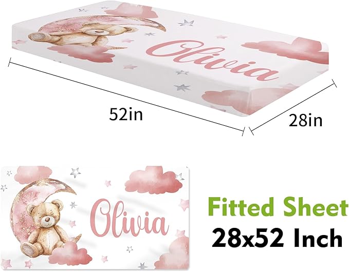 Personalized Crib Bedding Set, Toddler Pink Bear Theme Set with Name, 2 Pcs Baby Crib Set for Infant Babys, Comfort Double Layer Blanket and Crib Sheet, Newborns Gifts for Baby Girls