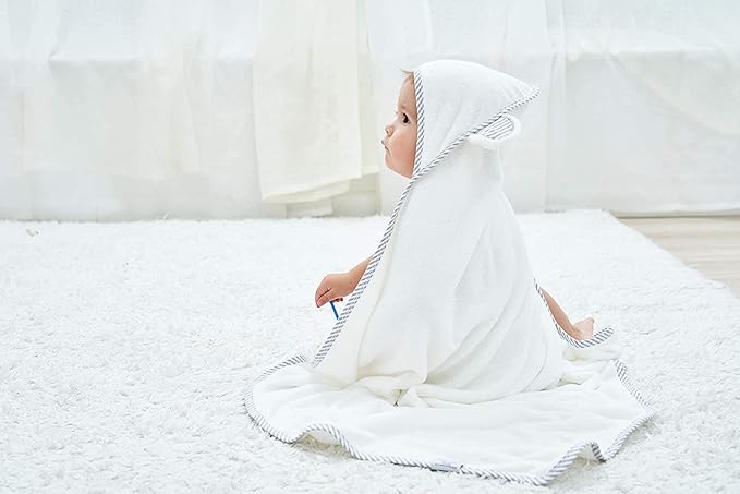 HIPHOP PANDA Hooded Towel - Rayon Made from Bamboo, Bath Towel with Bear Ears for Newborn, Babie, Toddler, Infant - Absorbent Large Baby Towel - White, 30 x 30 Inch