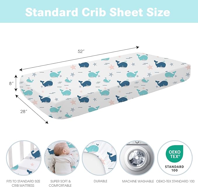 Little Grape Land Crib Sheets Baby Toddler Sheets 2 Pack Fitted for Boys Girls, Standard Size 28x52‘’ Crib Mattress, Super Soft Breathable Washable Microfiber (Whale/Little Bear)