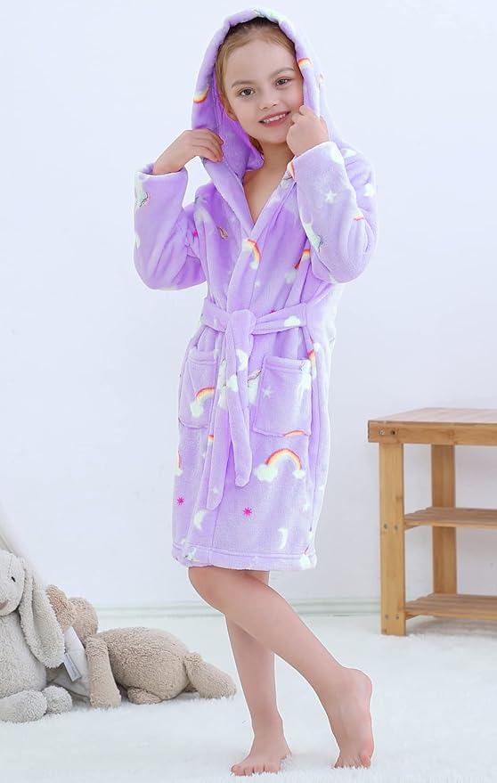 Umeyda Girls Fleece Hooded Robes, Warm Printed Bath Robe for Kids Soft Fuzzy Bathrobe for Gifts