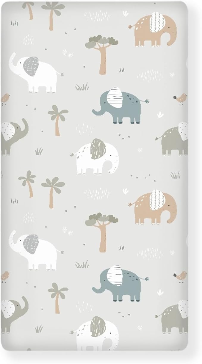 Elephants Fitted Crib Sheet for Boys Girls Trees Birds Animals Print Baby Sheet for Standard Crib and Toddler Elephant Grey Nursery Bed Mattress Sheets 28"x52"