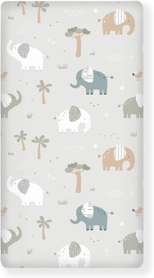 Elephants Fitted Crib Sheet for Boys Girls Trees Birds Animals Print Baby Sheet for Standard Crib and Toddler Elephant Grey Nursery Bed Mattress Sheets 28"x52"