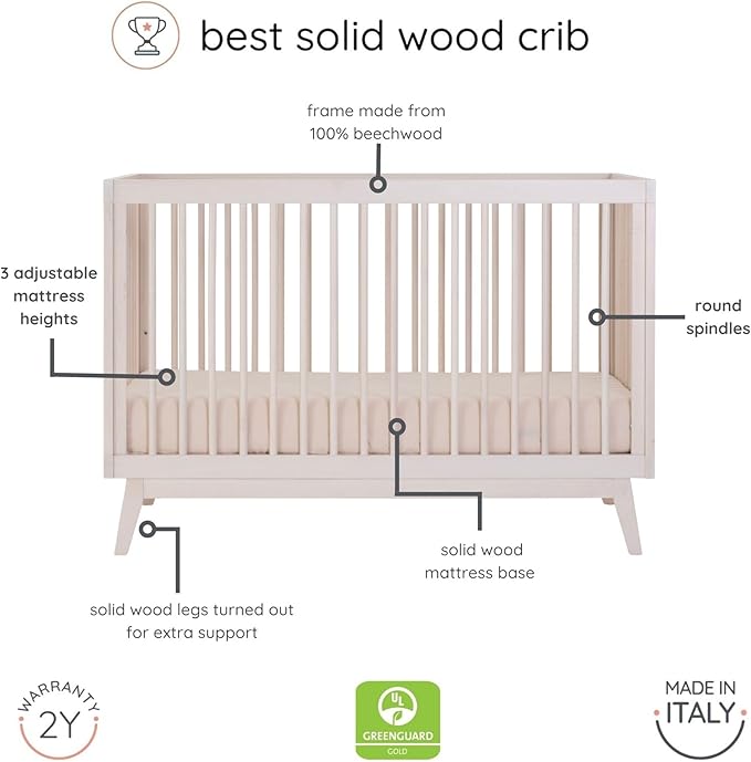 dadada Baby Soho 3-in-1 Convertible Wooden Crib to Toddler Bed - Made in Italy, GREENGUARD Gold Certified, Baby-Safe Finish, Handcrafted Beechwood, Modern Design, 3 Adjustable Heights (Natural Wash)