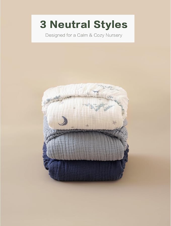 Muslin Bedside Sleeper Bassinet Fitted Sheets, 3 Pack Cotton Baby Sheet for Boys & Girls, Soft, Compatible with Baby Delight, Dream On Me, AMKE and Other Rectangle Mattress (Nightfall Blue)