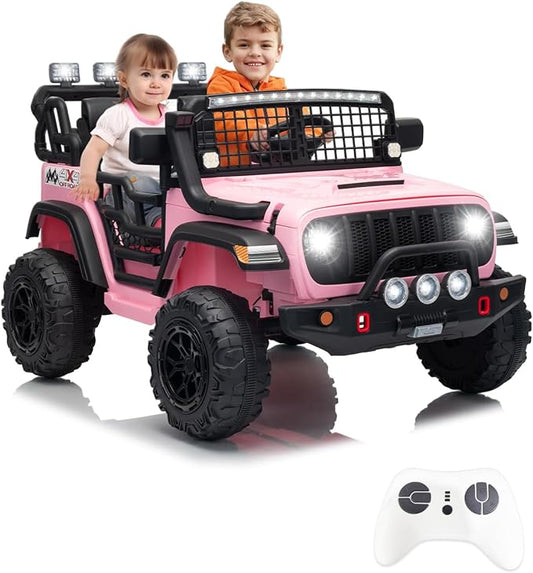 2 Seats 24V Kids Electric Ride on Car with Remote Control, 20" Large Seat with 2 Safety Belts, Two 200W Battery Powered Electric Vehicle for 3+ Years, LED Light,Music,Horn,USB Port, Riding Toy, Pink