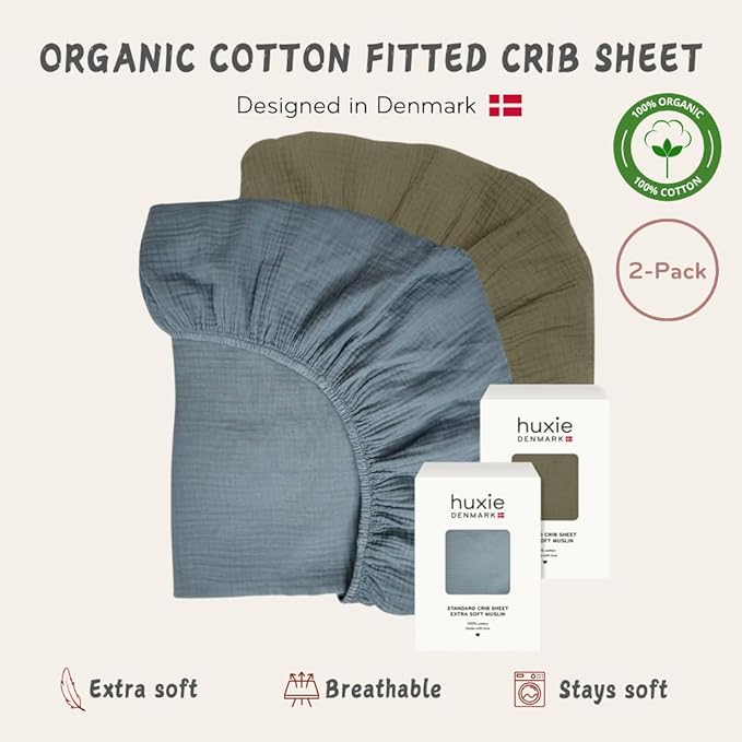 Crib Sheets – Organic Cotton Muslin Fitted Crib Sheet – Standard Size for Baby Boy and Baby Girl 28" x 52" Ultra-Soft and Breathable - 2-Pack (Tradewinds/Sage Green)