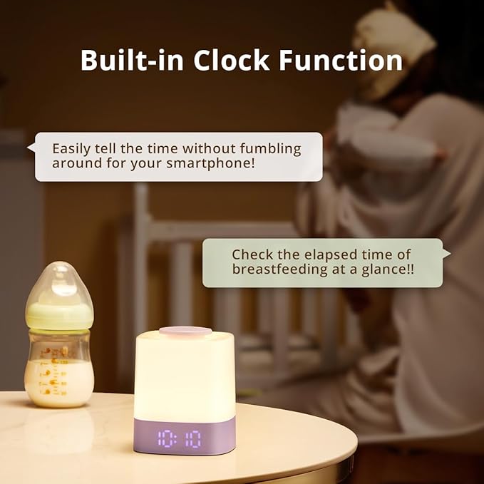 Lyridz LED Nursery Night Light with Clock, Portable Breastfeeding Table Lamp for Baby with Remote Control, 4000mAh Rechargeable Battery, Dimmable, 3 Color Temperature