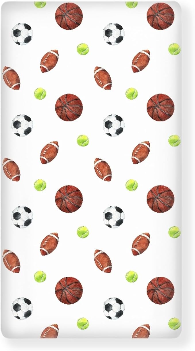 Sports Theme Fitted Crib Sheet for Boys Girls Soccer Balls Football Baseball Basketball Baby Sheet for Standard Crib and Toddler Nursery Bed Mattress Sheets 28"x52"