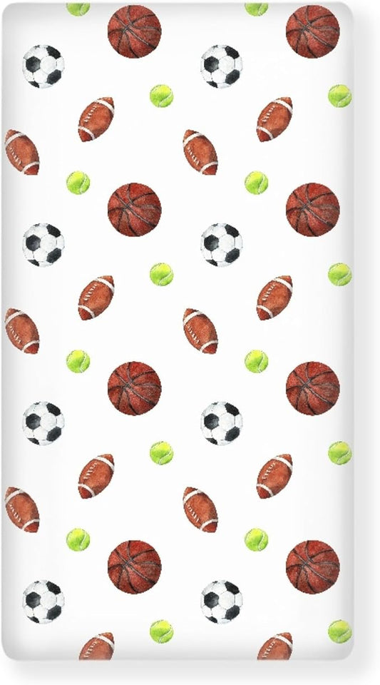 Sports Theme Fitted Crib Sheet for Boys Girls Soccer Balls Football Baseball Basketball Baby Sheet for Standard Crib and Toddler Nursery Bed Mattress Sheets 28"x52"