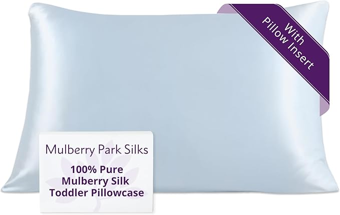 Mulberry Park 19 Momme Silk Pillowcase with Insert for Kids & Toddlers - Prevents Bed Head & Frizz, Gentle on Delicate Skin & Hair - Grade 6A Pure Mulberry Silk - 13" x 19" /Bedtime Blue