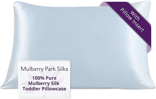 Mulberry Park 19 Momme Silk Pillowcase with Insert for Kids & Toddlers - Prevents Bed Head & Frizz, Gentle on Delicate Skin & Hair - Grade 6A Pure Mulberry Silk - 13" x 19" /Bedtime Blue