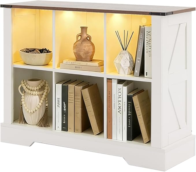 Puntogen 6 Cube Storage Organizer, Wood Cube Bookshelf with LED Lights, Horizontal Storage Cubes, Kids Bookshelf, Display Cabinet Cubby Shelf for Living Room Home Office Bedroom, White