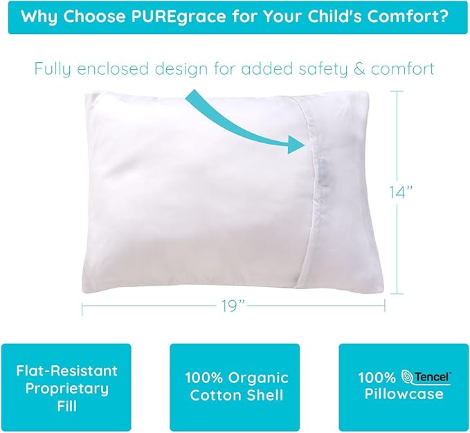 PUREgrace Tencel Toddler Pillow and Pillowcase Set – Organic Cotton Shell, Washable and Soft for Kids Ages 2-5, Perfect Size for Travel (14” x 19”)
