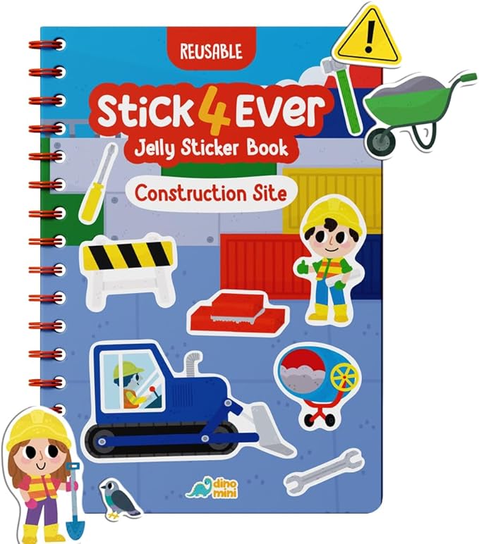 Stick4Ever Jelly Sticker Book - for Kids - Waterproof, Easy to Clean Reusable Sticker Book for Toddlers- Reusable Road Trip Activities for Kids - Stocking Stuffers for Toddlers (Construction)