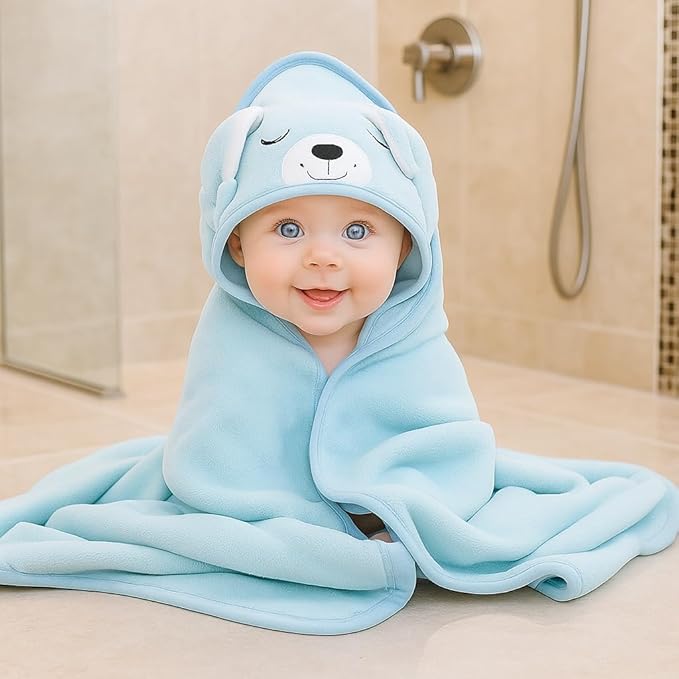 My Tiny Nugget Hooded Baby Bath Towel Set (2-Pack) – Soft & Absorbent | Blue & White | Cute Animal Hood | Plush Bath Wraps for Newborns Infant & Toddlers | Baby Registry Gift Bundle (Blue + White Set)