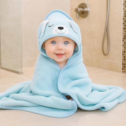 My Tiny Nugget Blue Hooded Baby Bath Towel for Boys – Soft & Absorbent | Cute Animal Hood | Plush Newborn Infant& Toddler Bath Wrap | Perfect (Blue)