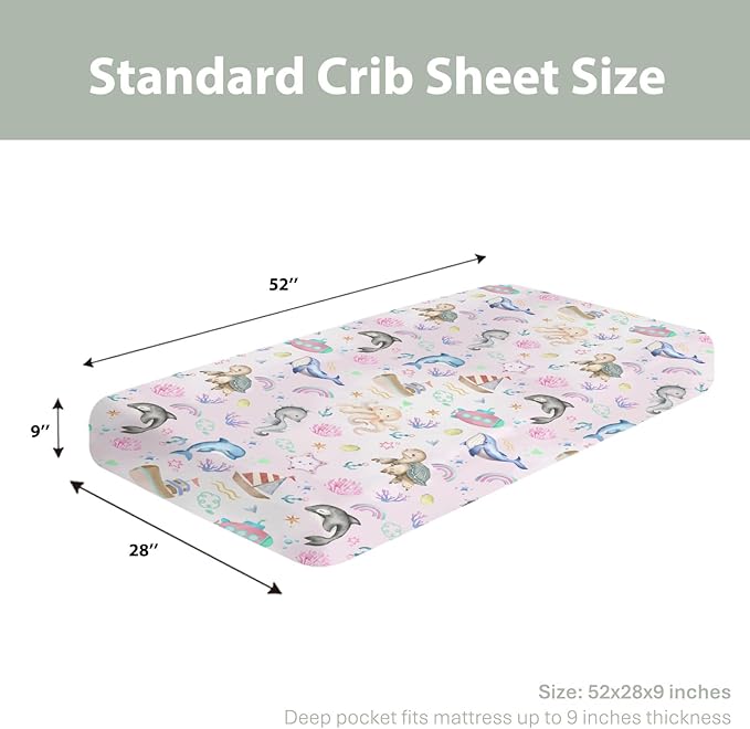 Colorful Ocean Animals Baby Crib Sheets for Boy Girl 52x28Inch Sea Horse Turtle Whale Rainbow Corals Soft Snug Fitted Crib Mattress Cover Marine Life Baby Sheet for Standard Crib & Toddler Mattress
