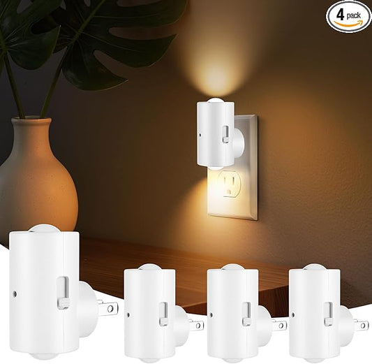 LED Night Lights Plug into Wall, Dimmable 4-Pack with Dusk to Dawn Sensor, 2700K Warm White, 0-200LM Adjustable & Rotatable Night Light for Bedroom, Hallway, Kitchen, Bathroom