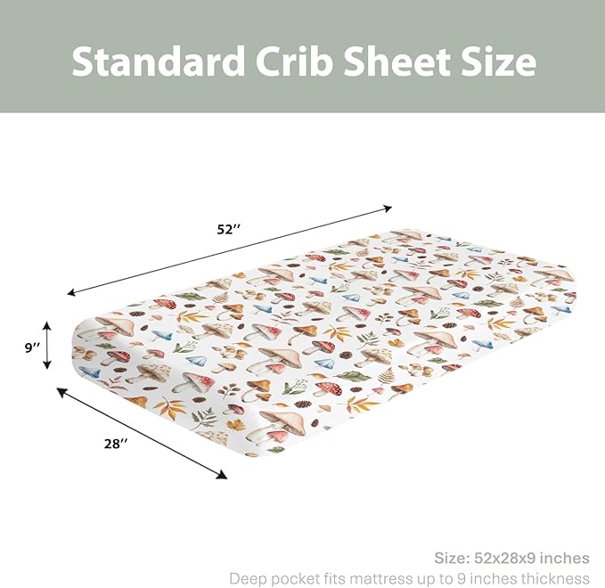 Watercolor Mushrooms Baby Crib Sheets for Boy Girl 52x28Inch Mushrooms Leaves Soft Stretchy Fitted Crib Mattress Cover Autumn Plant Baby Sheet for Standard Crib and Toddler Bed Mattress