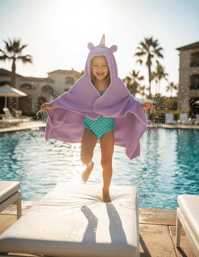 BAGNO MILANO Kids Organic Turkish Cotton Hooded Beach Cover-Up Towel, GOTS Certified, for Boys and Girls (Unicorn Purple, 24"x48"+8"/Hooded Towel)