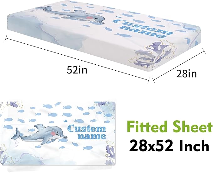 Personalized Baby Crib Bedding Set, Custom Name Blue Dolphin Baby Bedding 2-Pcs Set - Soft Double Layer Dotted Blanket and Fitted Sheet, Nursery Bedding for Newborn Boys Girls, Perfect Shower Gift