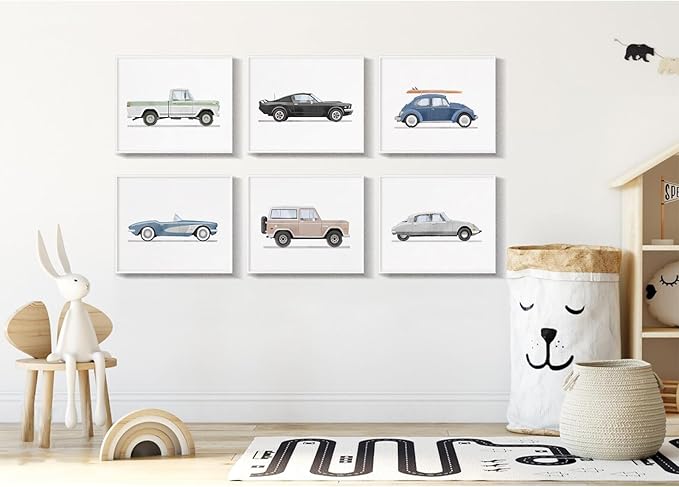 Blue Car Wall Art Decor Boys Room Wall Art Vintage Cars Canvas Poster Pictures Toddler Kids Room Prints Watercolor Vehicle Artwork Painting for Boys Bedroom Nursery 8x10 Inch Unframed Set of 6