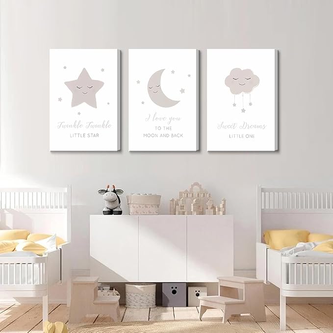 Framed Nursery Wall Art Beige Boho Moon Stars Cloud Canvas Wall Decor Neutral Nordic Baby Gentle and Sweet Cartoon Pictures Prints Posters for Boys Girls Bedroom Kids Room Ready To Hang 16x24inx3