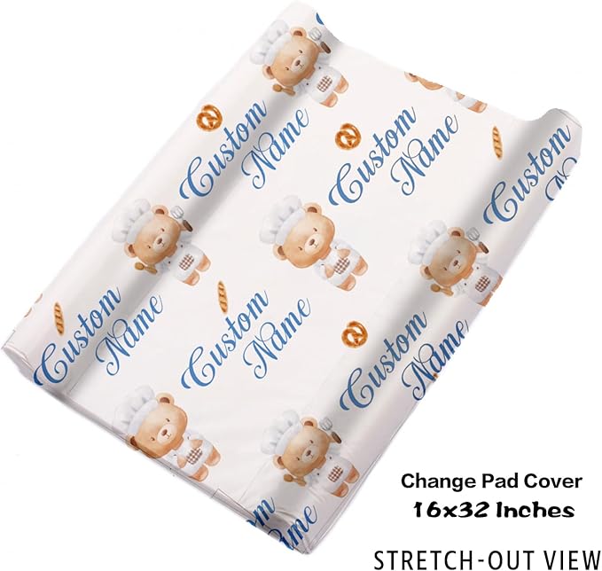 Personalized Crib Bedding Set, Custom Name Baby Bedding 5-Pcs Set - Soft Blanket Fitted Sheet Changing Pad Cover Nursery Rug and Wall Art, Cute Bread Bear Theme Nursery Decor for Newborn Boys Girls