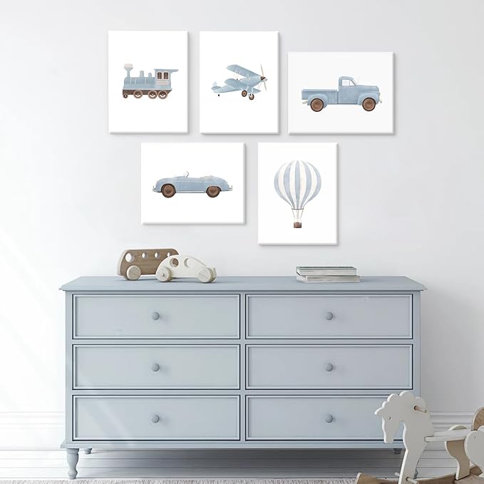 Blue Car Wall Art Decor Boys Room Canvas Poster Vintage Train Transportation Wall Art Watercolor Toddler Art Prints Blue Car Pictures Painting for Boy Bedroom Kids Nursery 8x10 Inch Framed Set of 5
