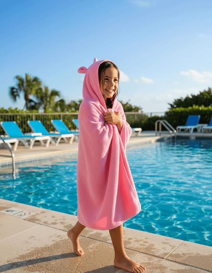 BAGNO MILANO Kids Organic Turkish Cotton Hooded Beach Cover-Up Towel, GOTS Certified, for Boys and Girls (Unicorn Pink, 24"x48"+8"/Hooded Towel)