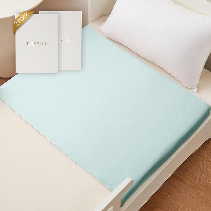 THXSILK 7A+ Grade 100% Mulberry Silk Crib Mattress Sleeve Sheet for Baby Boys All Standard Bassinet/Cradle/Cot/Crib Mattress Oeko-TEX Certified Safety 41.4inch*20.5inch, Light Blue 2 Pack