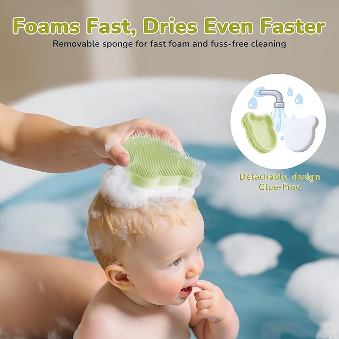 Cloud Baby Cradle Cap Brush & Baby Comb Set, 3-in-1 Cradle Cap Treatment with Soft Brush, Hair Comb & Bath Sponge, BPA-Free, Easy to Use | Infant Bath Essentials - Extra Sponge, Serene Green