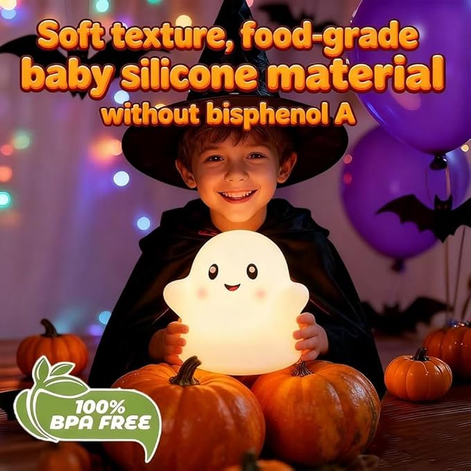 Ghost Night Light for Kids, Silicone Nursery Nightlight with 13 Interactive Sound Effects ,Halloween Decor Lamp Adjustable Dimmable Lamp with Touch Sensor Children's Christmas Gifts (white ghost）