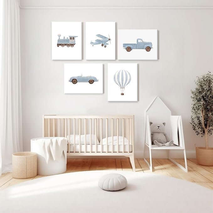 Blue Car Wall Art Decor Boys Room Canvas Poster Vintage Train Transportation Wall Art Watercolor Toddler Art Prints Blue Car Pictures Painting for Boy Bedroom Kids Nursery 8x10 Inch Framed Set of 5