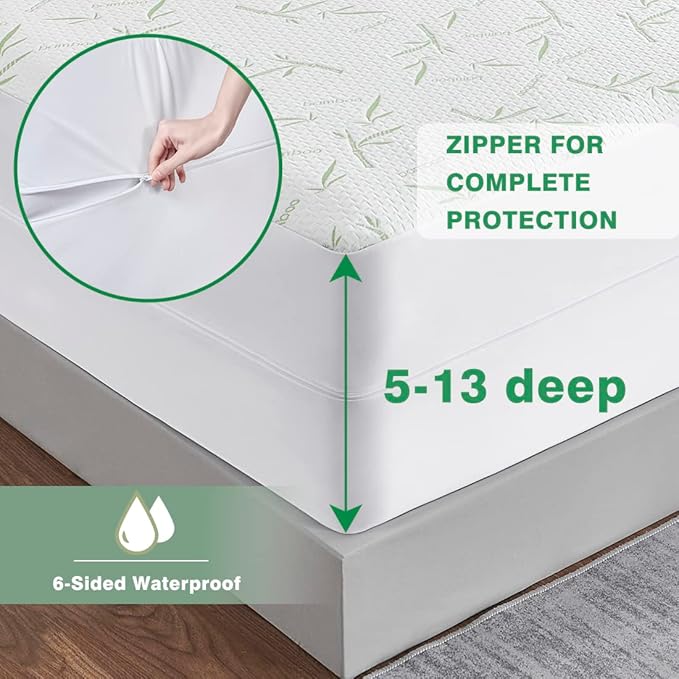Parkdeny Full Mattress Encasement, Waterproof Cooling, Rayon from Bamboo, 3D Air Fabric, Breathable, Noiseless, Washable, Fits 5"-13" Deep Mattresses