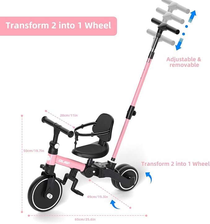 Glaf Tricycle for Toddlers 1-3 Toddler Bike with Push Handle 2-4 Years Baby Bike Toy for 1 Year Old Boys and Girls Balance Bike with Removable Pedal, Backrest, Adjustable Seat, Gifts (Pink