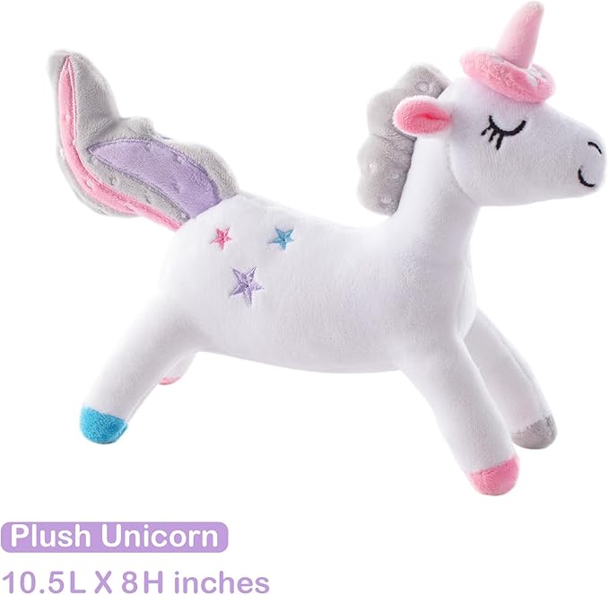 4-Piece Crib Bedding Set for Baby Boys Girls, Infant Toddler Nursery Baby Bedding Sets Includes Cartoon Quilt, Fitted Crib Sheet, Crib Skirt and Plush Unicorn Toy