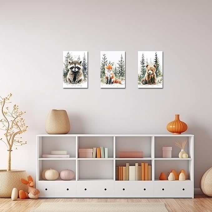 LZIMU Nursery Animal Canvas Wall Art 3 Pieces Cute Animal Baby Picture Prints Woodland Nursery Painting for Kids Boy Girls Room Decor Framed (Grey, 12x16inchx3 Pieces)